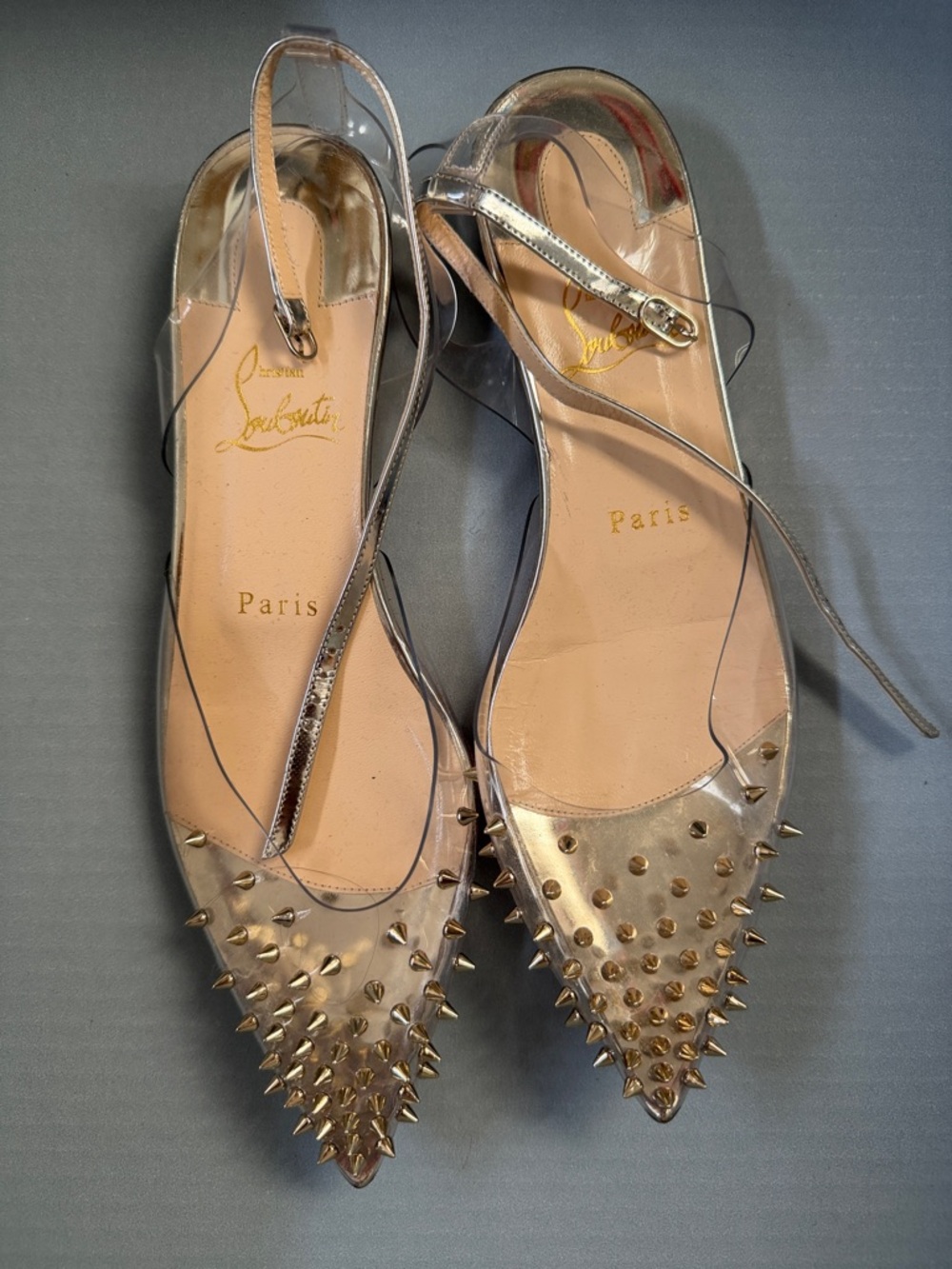 Christian Louboutin Gold Pointed Spike Slingback Flats
